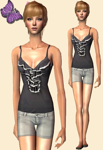 Grey ruffles top with denim short jeans