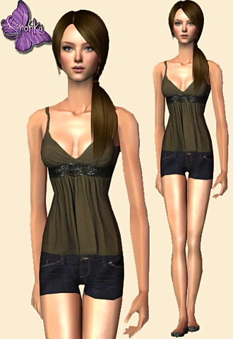 Belted dark green top with denim short jeans