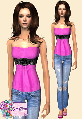 Tube pink top featuring a large faux leather belt and distressed skinny jeans