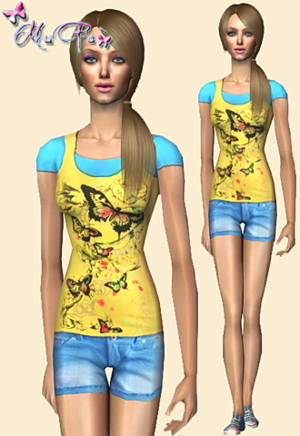 Colorful layered t-shirt featuring blue denim short jeans.