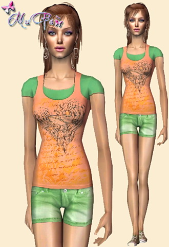 Colorful layered t-shirt featuring green denim short jeans.