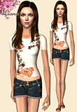 white shirt with floral brown and orange designs and fun denim shorts