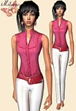 Ruffled pink blouse with white pants and a waist red belt perfect for the everyday look.