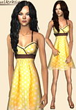 Yellow polka dot dress with a ruched bust and pump style high heels.