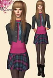 Pink top with a short length scarf with fringed ends and a nice 4 buttons jacket featuring a colored plaid skirt and fashion tights.