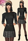 A fashionable belted sweater with plaid print miniskirt and cold weather boots.