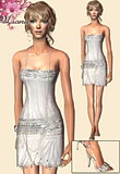  Glittery silver mini dress with long pearls and jeweled sandals.

