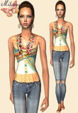 Polka dot top with colorful beaded necklace and a pair of cut-knee jeans featuring black flat shoes.