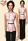 Silky satin blouse with layered ruffles on the bodice and a black belt attached featuring a pair of nude satin shoes.