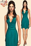 Mid length teal draped dress with high heels.