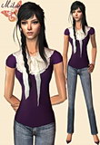 White ribbon shirt with purple short sleeves sweater, blue jeans and high heeled shoes.
