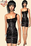 Satin one shoulder black dress with glitter details and silver fashion sandals.