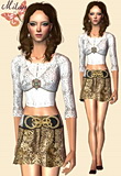 White bolero with big victorian brooch, golden skirt with matching belt featuring high heels