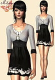Gray bolero with cameo brooch and black and white mini dress