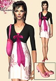 White babydoll dress with pink roses featuring black bolero with satin bow.