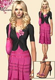 Pink dress featuring black short jacket and pink flower brooch.