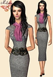 Linen grey dress featuring large leather belt and pink scarf.
