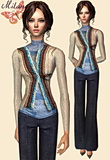 Beige sweater featuring blue lacy blouse and large denim pants.