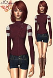 Buttoned magenta sweater featuring denim shorts and brown boots.