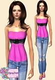 Tube pink top featuring a large faux leather belt and distressed skinny jeans