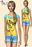 Colorful layered t-shirt featuring blue denim short jeans.