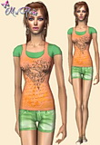Colorful layered t-shirt featuring green denim short jeans.