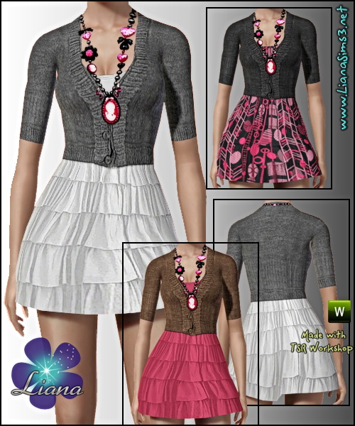 Mini dress with cardigan and designer necklace. The necklace is not recolorable, the outfit is.