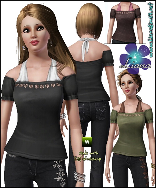 Off shoulder blouse featuring a halter underneath, recolorable.