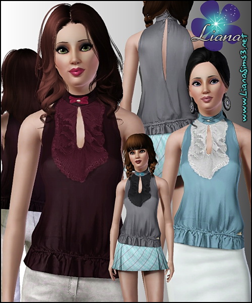Turtle neck satin top with front ruffles and a small bow on the neck, recolorable!