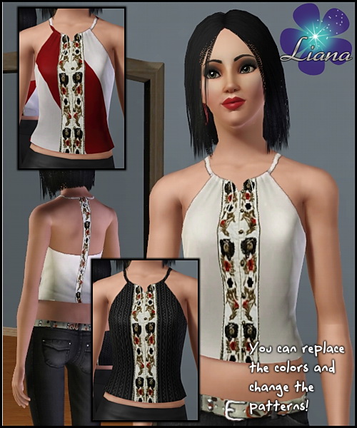 Halter ethnic top with embroidery flowers in red, black and brown (as stencils) - you can change the color and the pattern for the top. Available for everyday and formal.