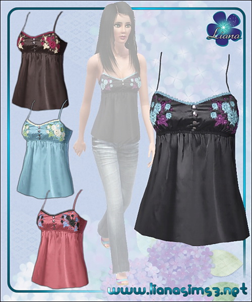 Satin embridered spaghetti straps top, recolorable, 4 color variations included!