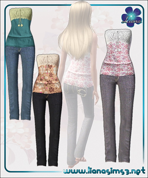 Outfit featuring a sweet crochet top and jeans, recolorable.
