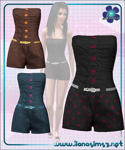 Playsuit with front buttons and skinny belt, outfit, recolorable.