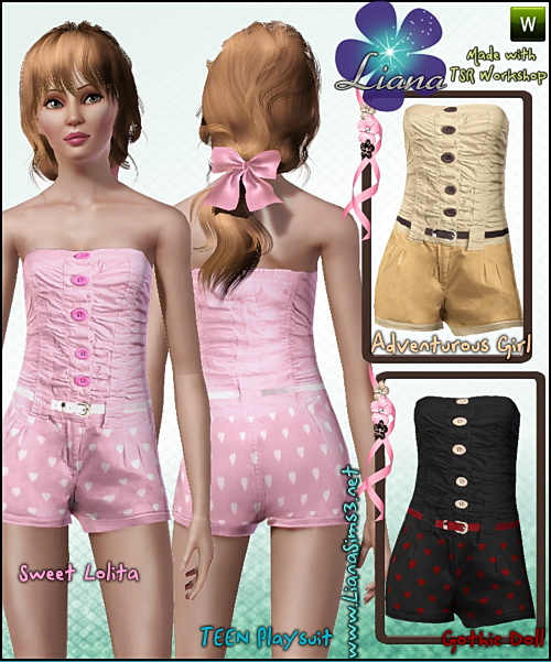Playsuit with front buttons and skinny belt, outfit for teen, recolorable.