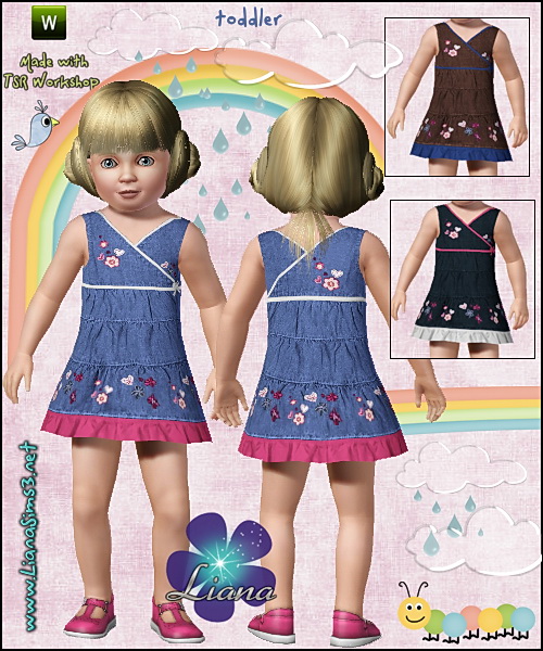 Denim ruffle dress with embroidered flowers, recolorable