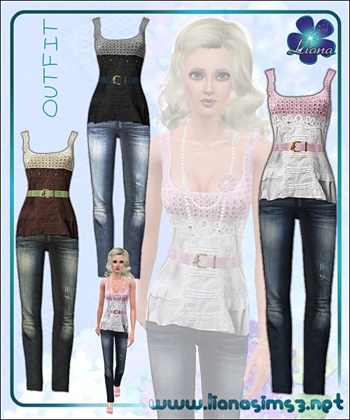 Outfit featuring skinny jeans and crochet top with leather breaded belt, recolorable