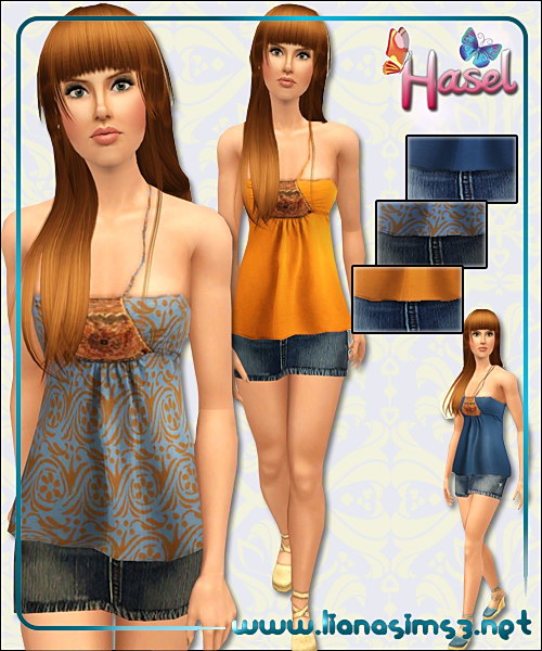 Halter top and denim mini skirt, outfit, recolorable