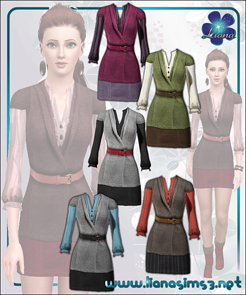 Belted cardigan featuring a mini skirt and a buttoned shirt, recolorable