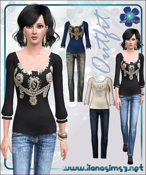 Embellished puff sleeves sweater and skinny jeans outfit, recolorable