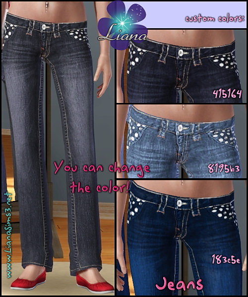 Very detailed low rise boot cut jeans with white stitching and silver buttons for sims3.