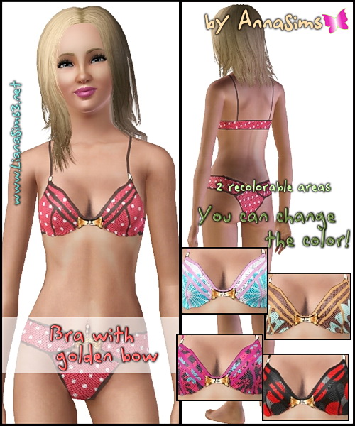 Fashion bra with golden bow available as sleepwear and swimwear. You can change the colors and the patterns in 2 areas.