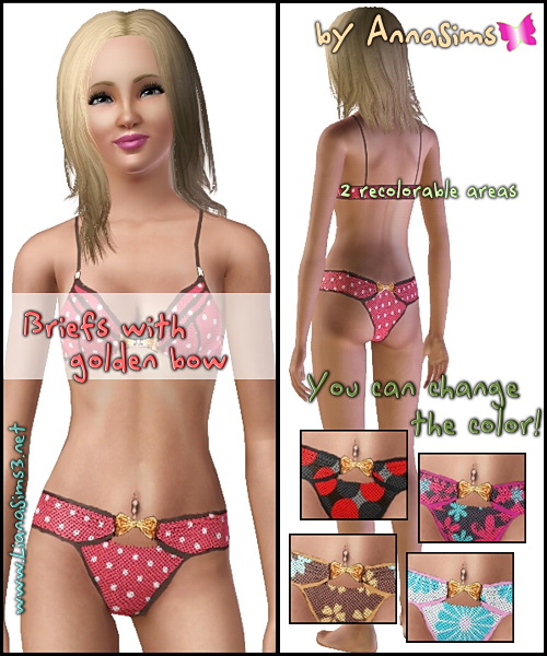 Fashion briefs with golden bow available as sleepwear and swimwear. You can change the colors and the patterns in 2 areas.