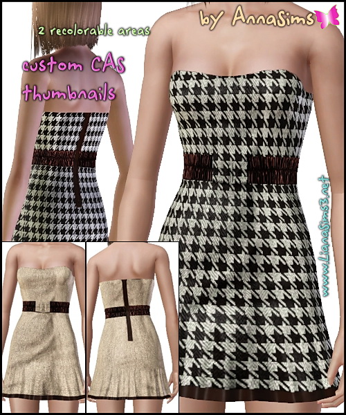 Tweed tube mini dress featuring a stretch belt and back zipper. 2 color variations and 2 styles included in the rar file. With custom thumbnails.