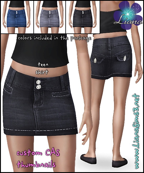 Teen mini denim skirt with white stitching and double front buttons. Available for everyday and formal. Custom CAS thumbnails.