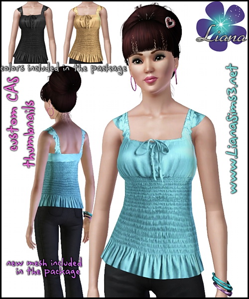 Update your sims wardrobe with this trendy blouse featuring an elastic smocked waist and a ruffle hem. 3 color variations included and a new mesh!
