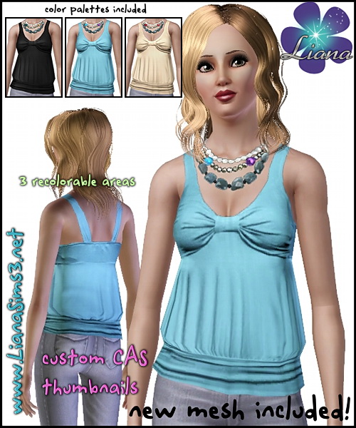 Sleeveless shirt featuring a fashion necklace and a new mesh included! 3 color variations included and custom CAS thumbnails.