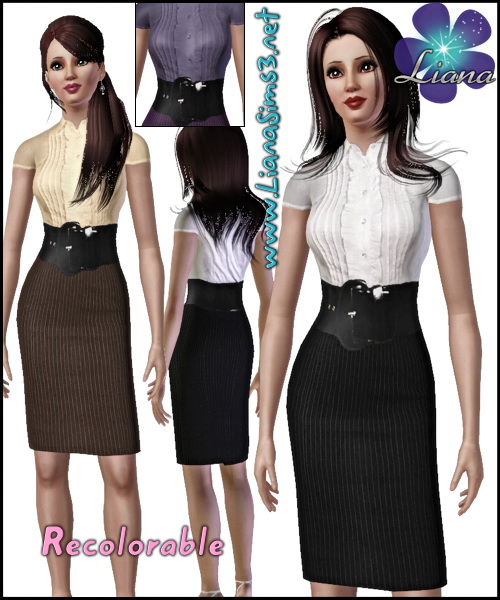Try this bussiness look featuring a buttoned shirt, large fake leather belt and pencil flatering skirt! 3 color combinations included, new mesh, recolorable.