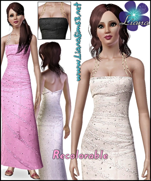 Rhinestone formal long dress featuring double straps and an asimetric back. 3 color variations, new mesh and new bump included, recolorable.