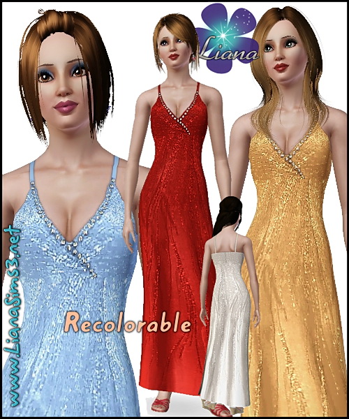Stylish occasion wear with rhinestones and V-neck, 4 color variations included, recolorable, new mesh and bump included. Made with TSR Workshop.