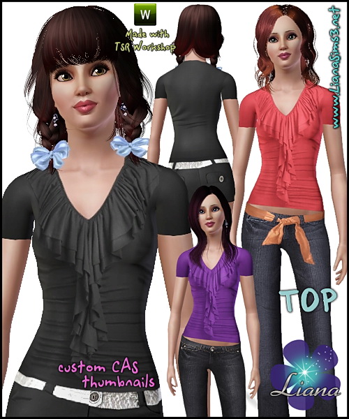 Top featuring a deep V-neckline, tiered ruffle detail and a cascade front. 3 color variations included, recolorable.